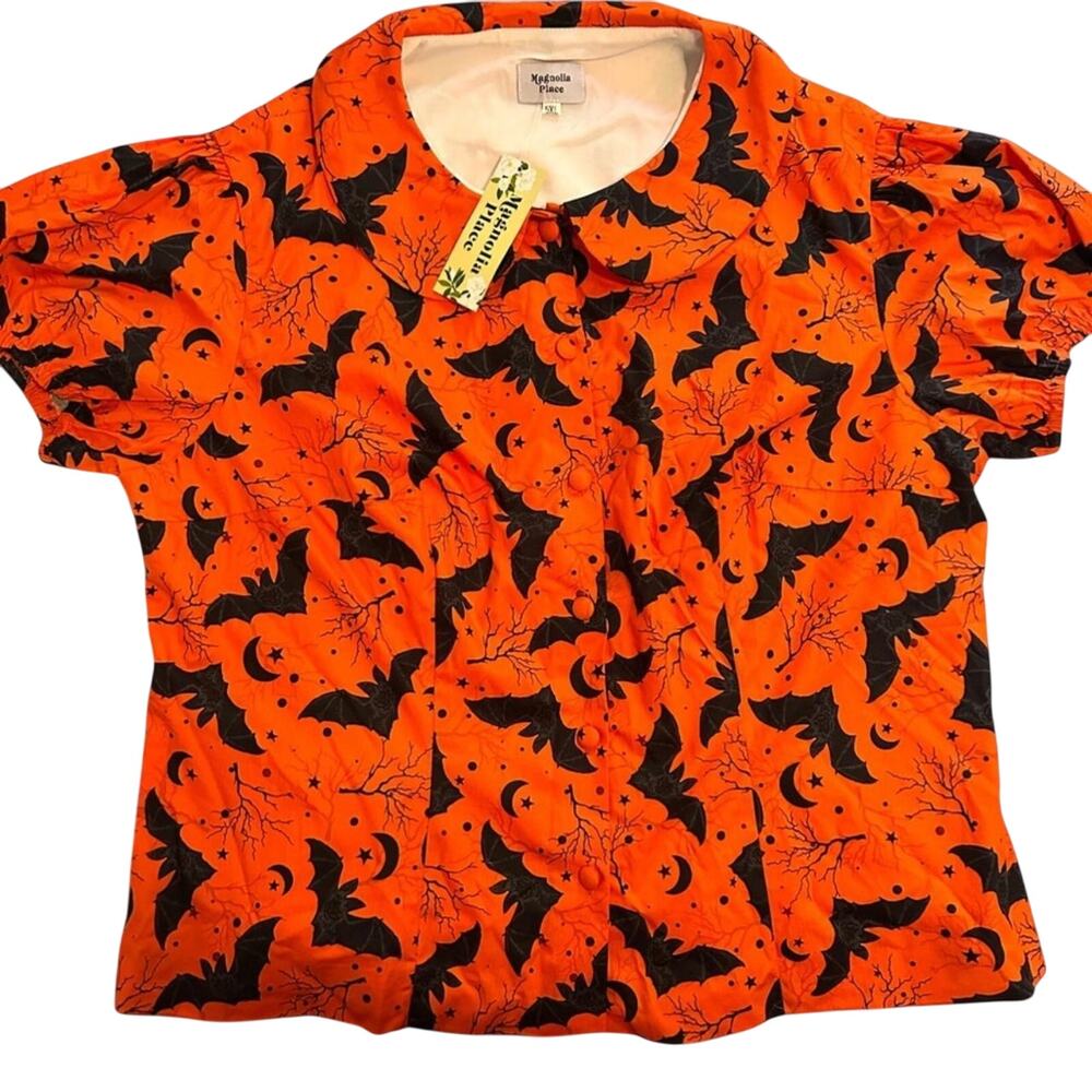 RARE! Unique Magnolia Place Halloween VTG Inspired Orange Black Bats Top 18 20